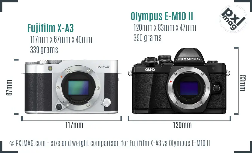 Fujifilm X-A3 vs Olympus E-M10 II size comparison