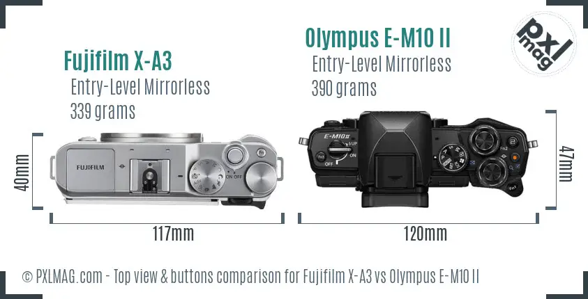 Fujifilm X-A3 vs Olympus E-M10 II top view buttons comparison