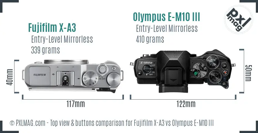 Fujifilm X-A3 vs Olympus E-M10 III top view buttons comparison