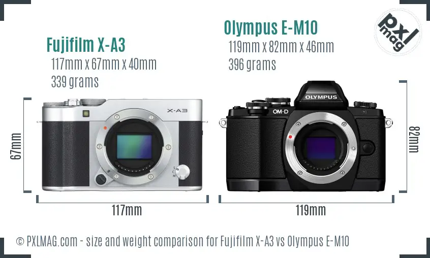 Fujifilm X-A3 vs Olympus E-M10 size comparison