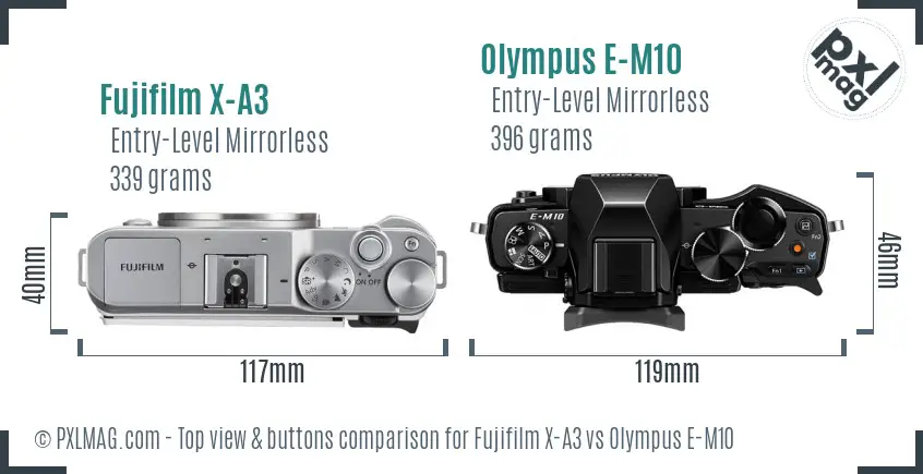 Fujifilm X-A3 vs Olympus E-M10 top view buttons comparison