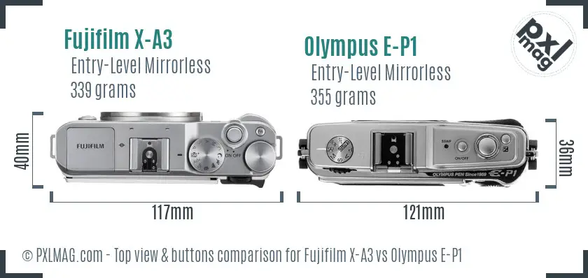 Fujifilm X-A3 vs Olympus E-P1 top view buttons comparison