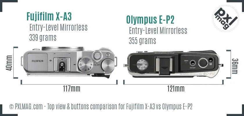 Fujifilm X-A3 vs Olympus E-P2 top view buttons comparison