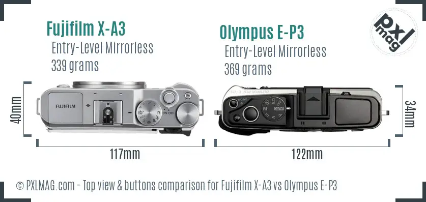 Fujifilm X-A3 vs Olympus E-P3 top view buttons comparison