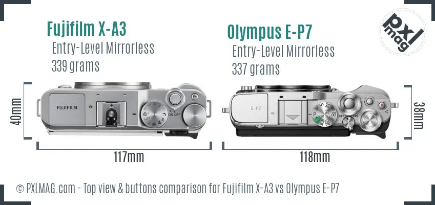 Fujifilm X-A3 vs Olympus E-P7 top view buttons comparison