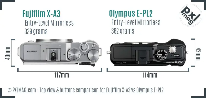 Fujifilm X-A3 vs Olympus E-PL2 top view buttons comparison