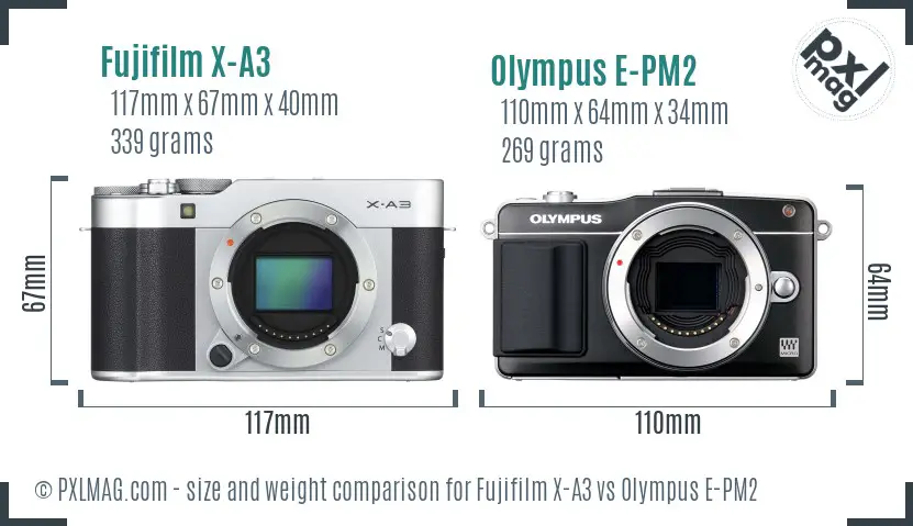 Fujifilm X-A3 vs Olympus E-PM2 size comparison