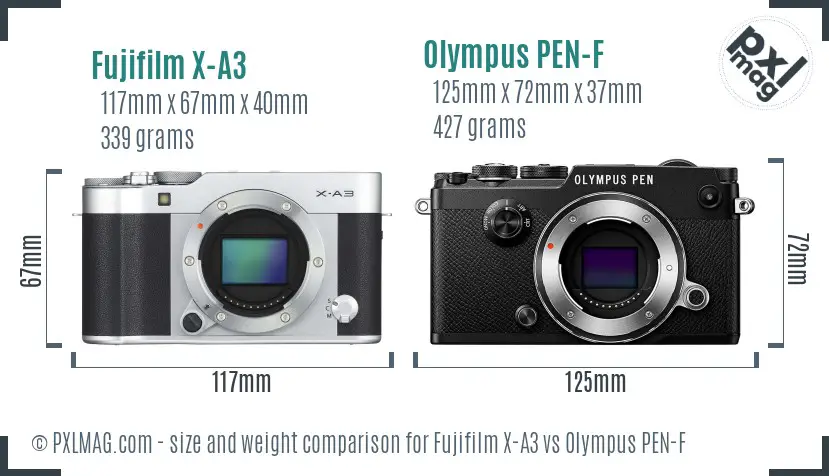 Fujifilm X-A3 vs Olympus PEN-F size comparison