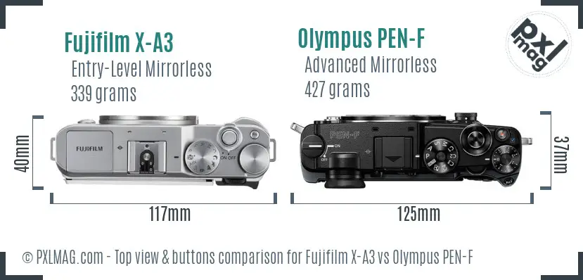 Fujifilm X-A3 vs Olympus PEN-F top view buttons comparison