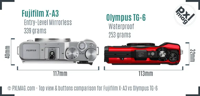 Fujifilm X-A3 vs Olympus TG-6 top view buttons comparison