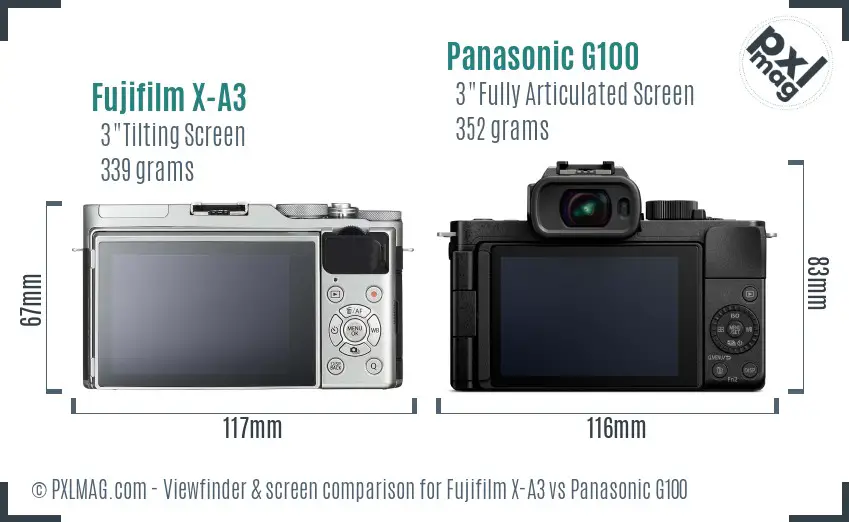 Fujifilm X-A3 vs Panasonic G100 Screen and Viewfinder comparison