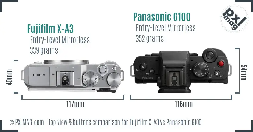 Fujifilm X-A3 vs Panasonic G100 top view buttons comparison