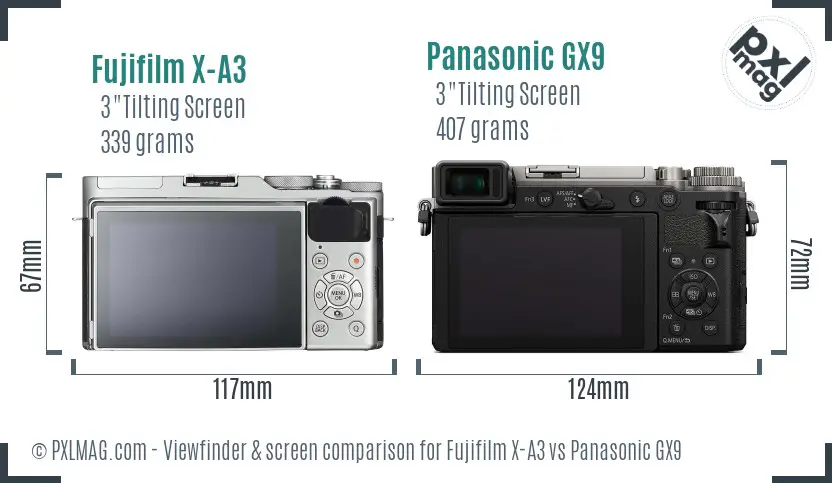 Fujifilm X-A3 vs Panasonic GX9 Screen and Viewfinder comparison