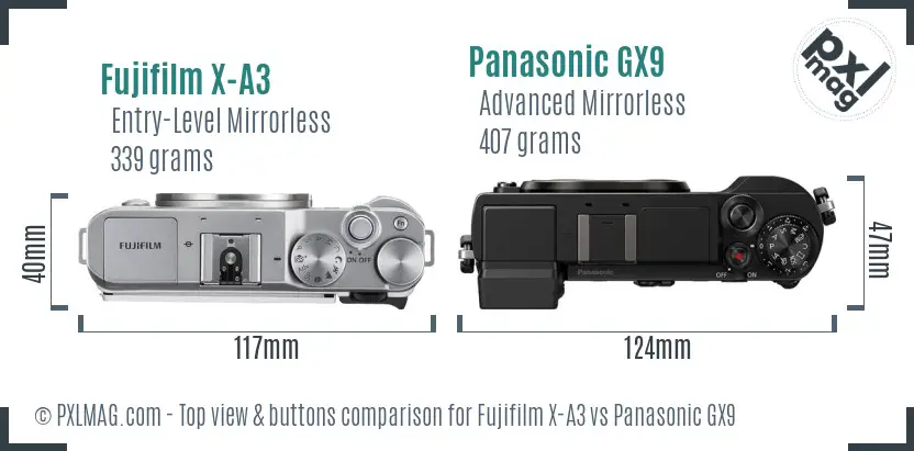 Fujifilm X-A3 vs Panasonic GX9 top view buttons comparison