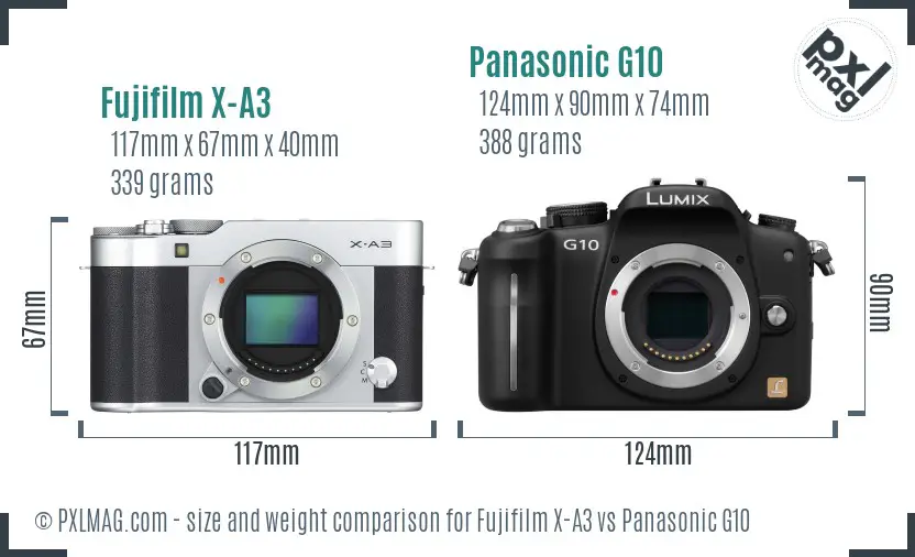 Fujifilm X-A3 vs Panasonic G10 size comparison