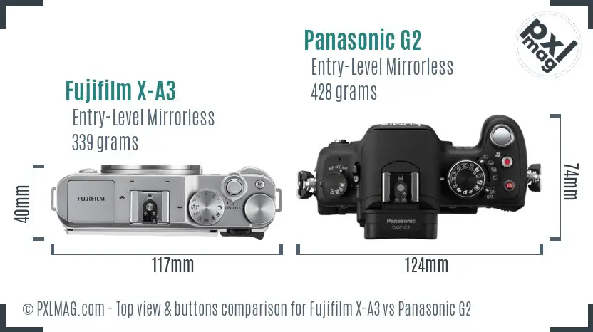Fujifilm X-A3 vs Panasonic G2 top view buttons comparison