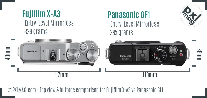 Fujifilm X-A3 vs Panasonic GF1 top view buttons comparison