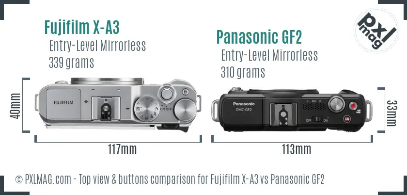 Fujifilm X-A3 vs Panasonic GF2 top view buttons comparison