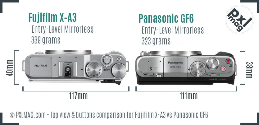 Fujifilm X-A3 vs Panasonic GF6 top view buttons comparison