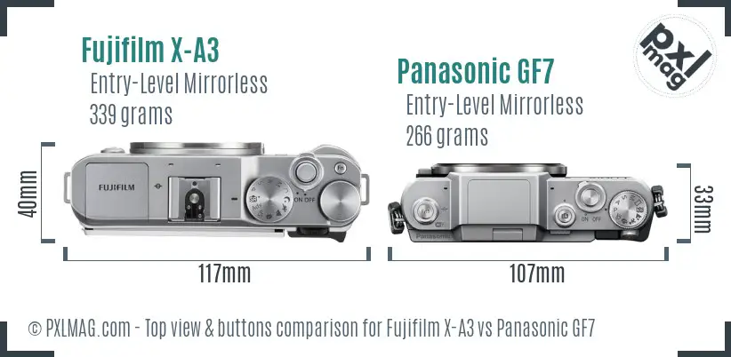 Fujifilm X-A3 vs Panasonic GF7 top view buttons comparison