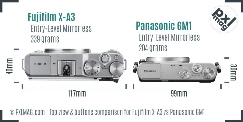 Fujifilm X-A3 vs Panasonic GM1 top view buttons comparison