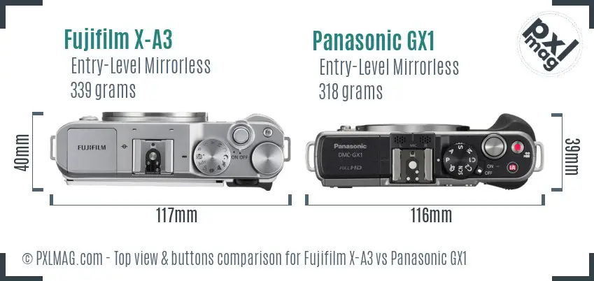 Fujifilm X-A3 vs Panasonic GX1 top view buttons comparison
