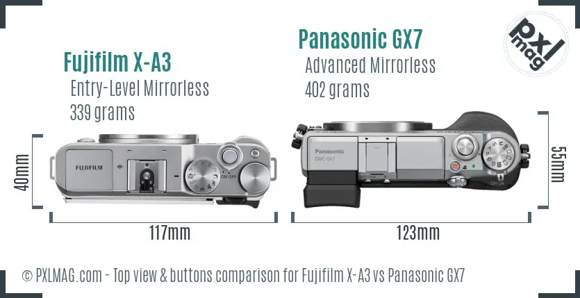 Fujifilm X-A3 vs Panasonic GX7 top view buttons comparison Fujifilm X-A3 vs Panasonic GX7 top view buttons comparison