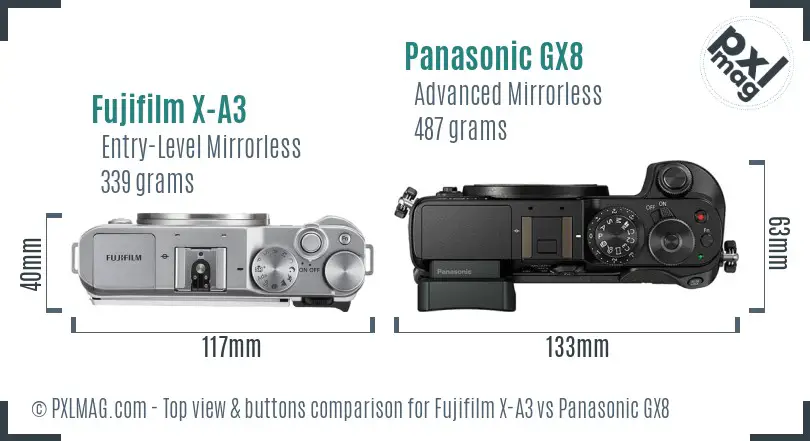 Fujifilm X-A3 vs Panasonic GX8 top view buttons comparison