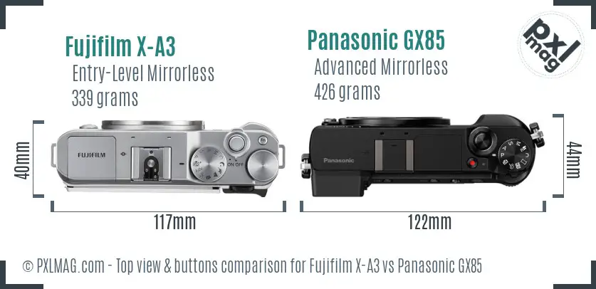 Fujifilm X-A3 vs Panasonic GX85 top view buttons comparison