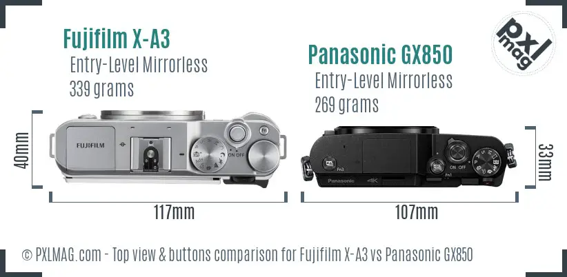 Fujifilm X-A3 vs Panasonic GX850 top view buttons comparison