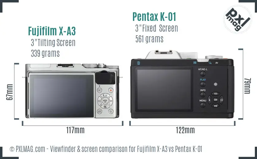 Fujifilm X-A3 vs Pentax K-01 Screen and Viewfinder comparison