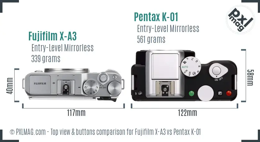 Fujifilm X-A3 vs Pentax K-01 top view buttons comparison