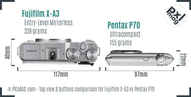 Fujifilm X-A3 vs Pentax P70 top view buttons comparison