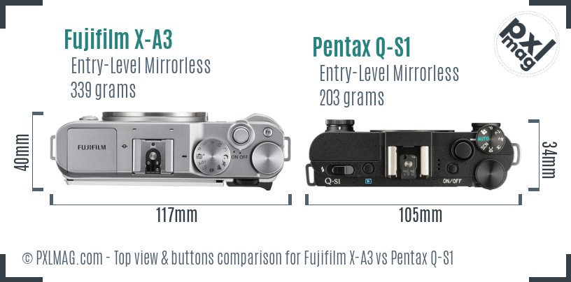 Fujifilm X-A3 vs Pentax Q-S1 top view buttons comparison