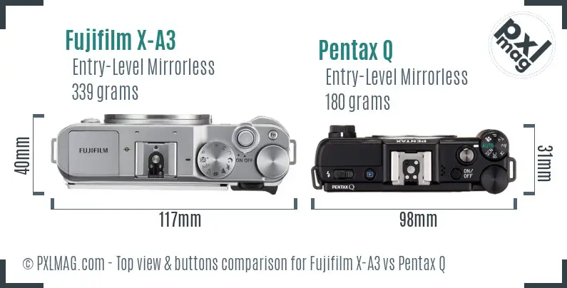 Fujifilm X-A3 vs Pentax Q top view buttons comparison