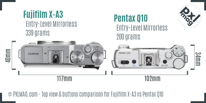 Fujifilm X-A3 vs Pentax Q10 top view buttons comparison