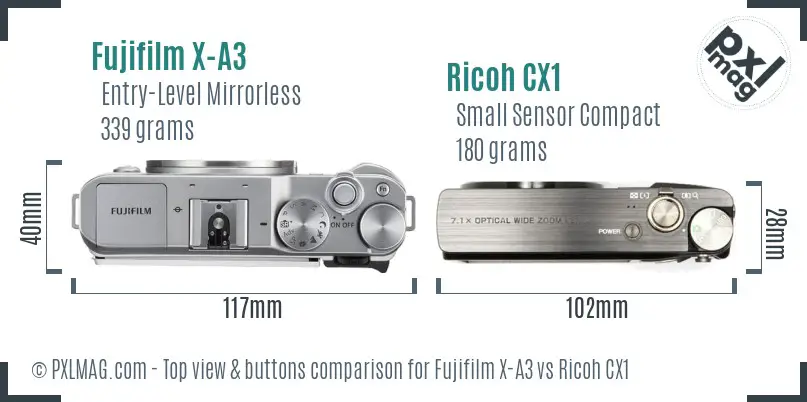 Fujifilm X-A3 vs Ricoh CX1 top view buttons comparison