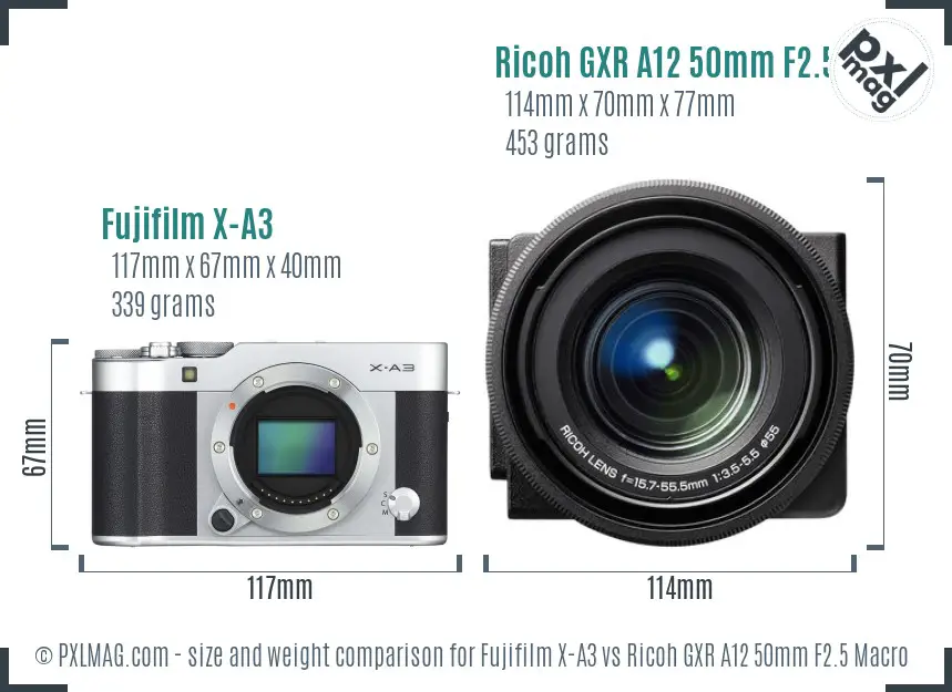 Fujifilm X-A3 vs Ricoh GXR A12 50mm F2.5 Macro size comparison