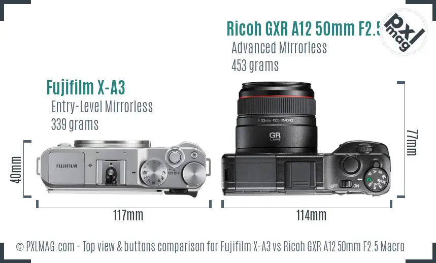 Fujifilm X-A3 vs Ricoh GXR A12 50mm F2.5 Macro top view buttons comparison