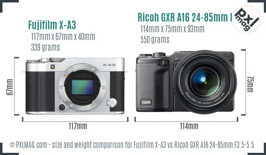Fujifilm X-A3 vs Ricoh GXR A16 24-85mm F3.5-5.5 size comparison