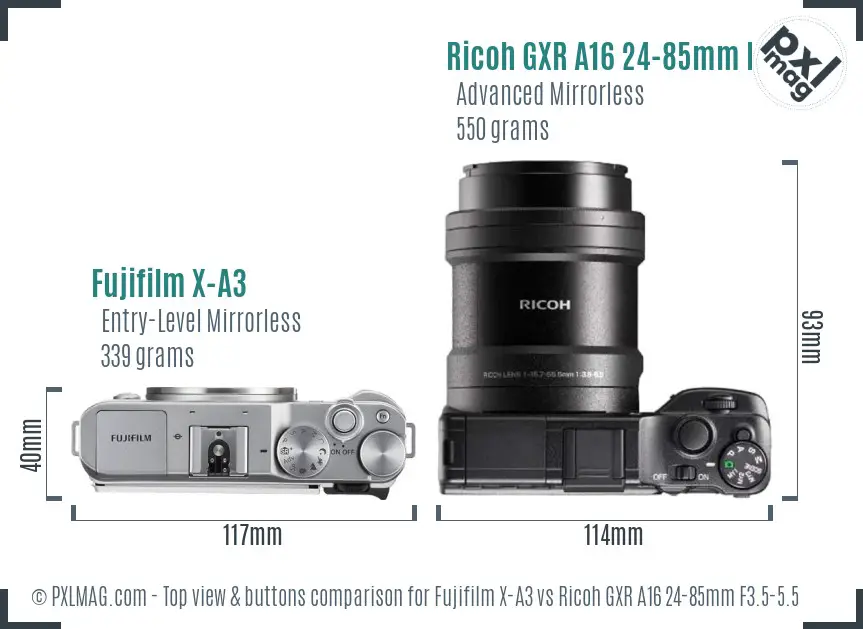 Fujifilm X-A3 vs Ricoh GXR A16 24-85mm F3.5-5.5 top view buttons comparison
