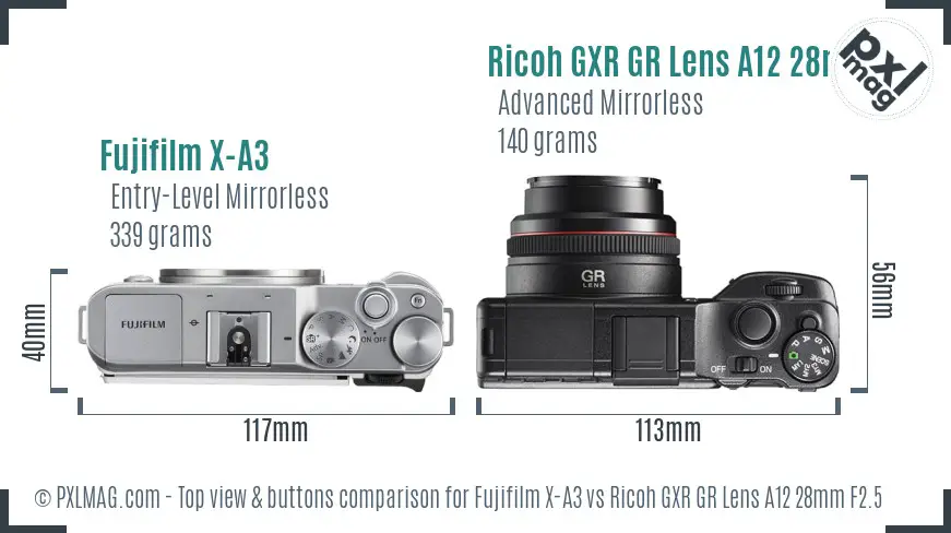 Fujifilm X-A3 vs Ricoh GXR GR Lens A12 28mm F2.5 top view buttons comparison