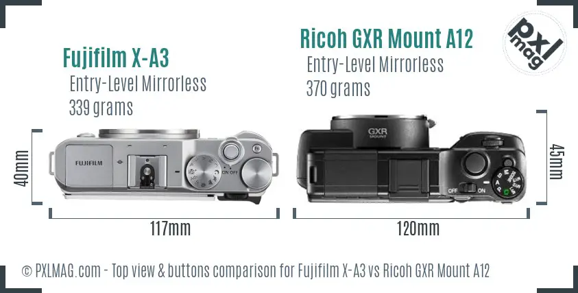 Fujifilm X-A3 vs Ricoh GXR Mount A12 top view buttons comparison