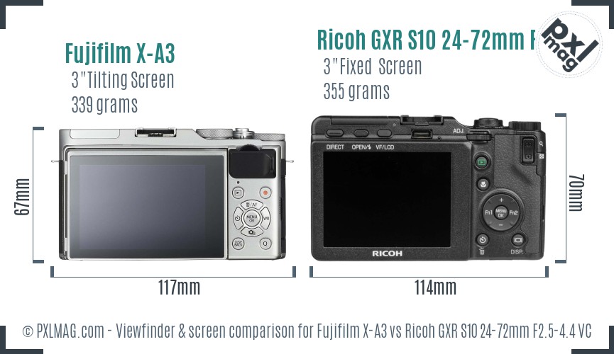 Fujifilm X-A3 vs Ricoh GXR S10 24-72mm F2.5-4.4 VC Screen and Viewfinder comparison
