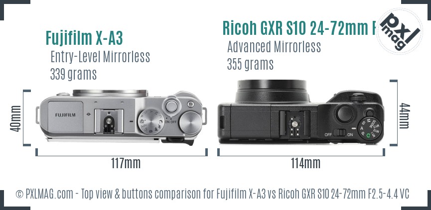 Fujifilm X-A3 vs Ricoh GXR S10 24-72mm F2.5-4.4 VC top view buttons comparison