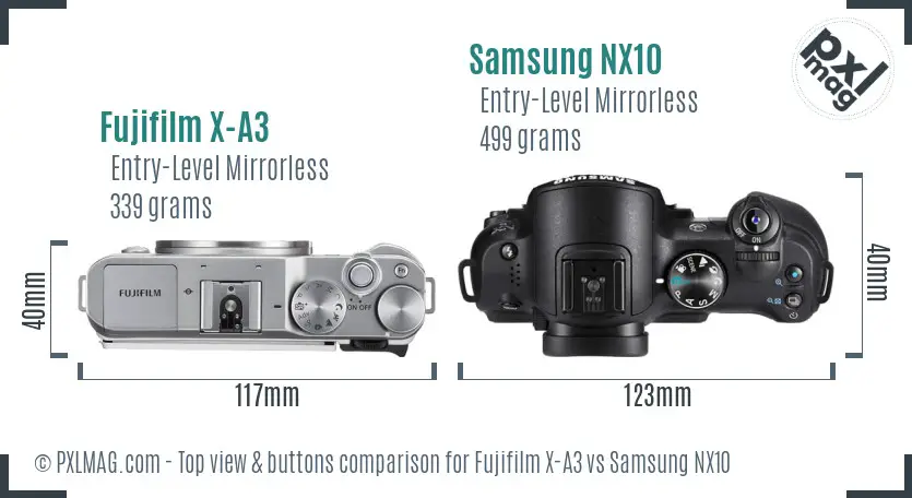 Fujifilm X-A3 vs Samsung NX10 top view buttons comparison Fujifilm X-A3 vs Samsung NX10 top view buttons comparison