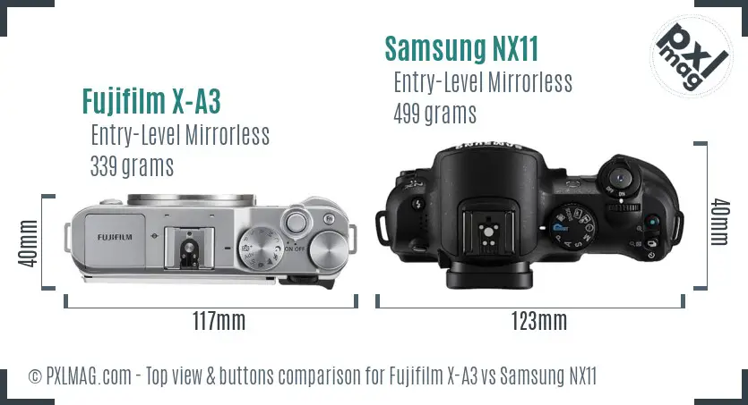 Fujifilm X-A3 vs Samsung NX11 top view buttons comparison
