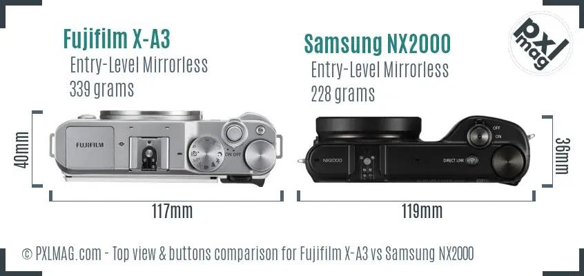Fujifilm X-A3 vs Samsung NX2000 top view buttons comparison Fujifilm X-A3 vs Samsung NX2000 top view buttons comparison