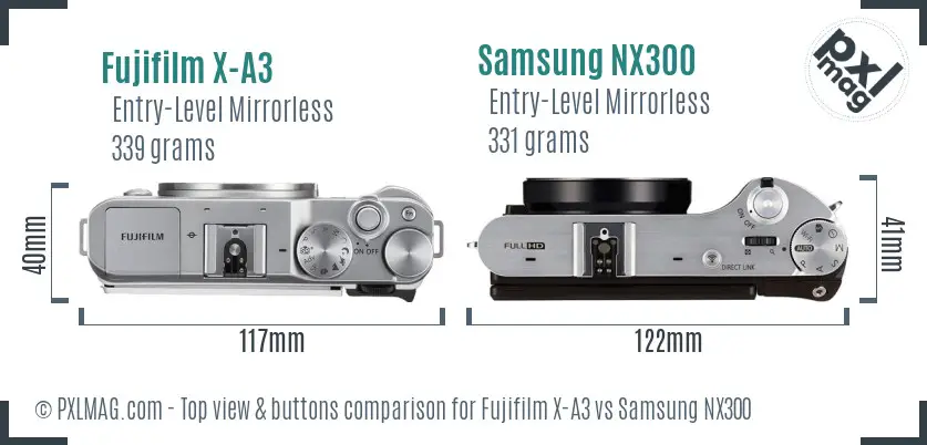 Fujifilm X-A3 vs Samsung NX300 top view buttons comparison Fujifilm X-A3 vs Samsung NX300 top view buttons comparison