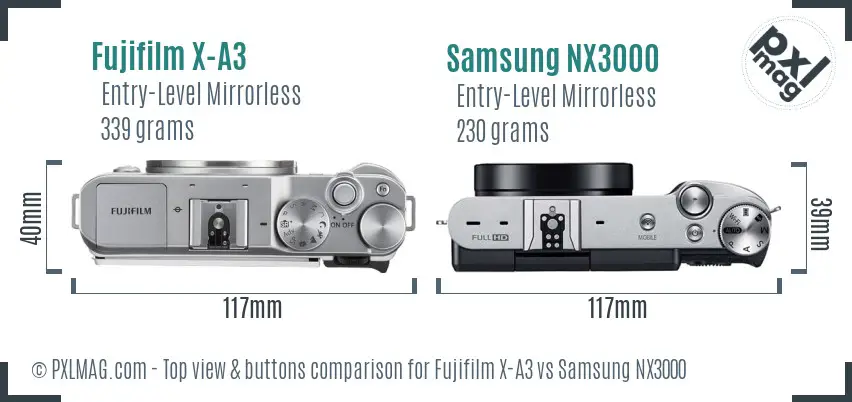 Fujifilm X-A3 vs Samsung NX3000 top view buttons comparison
